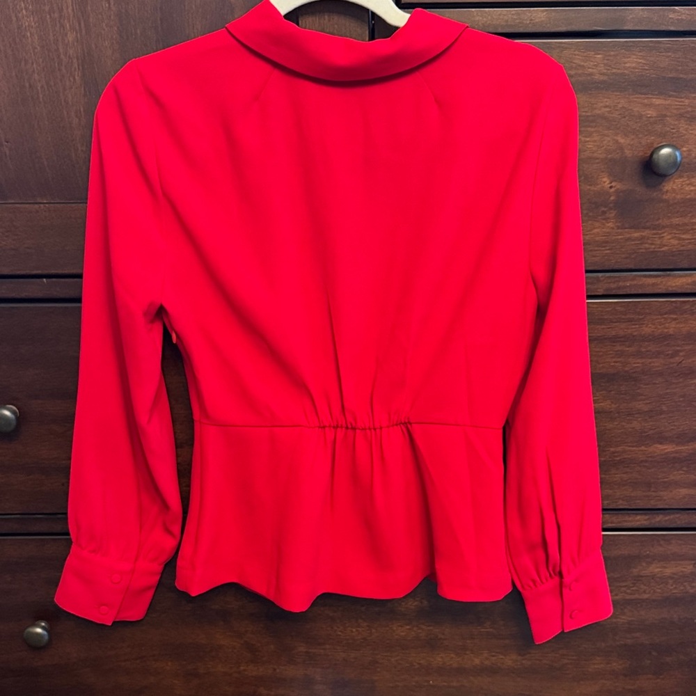 J.Crew Red Wrap Blouse Size 4 Long Sleeve Peplum Tie Waist Top Career Holiday - Picture 3 of 3
